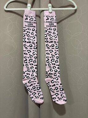Assholes Live Forever Pink Leopard High Knee Socks